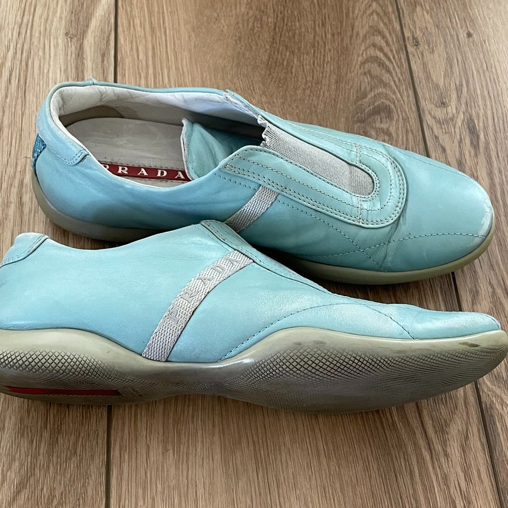 Vintage Prada Women's Slip On Leather Loafers Sky Blue Size 35.5 EU or 5 US